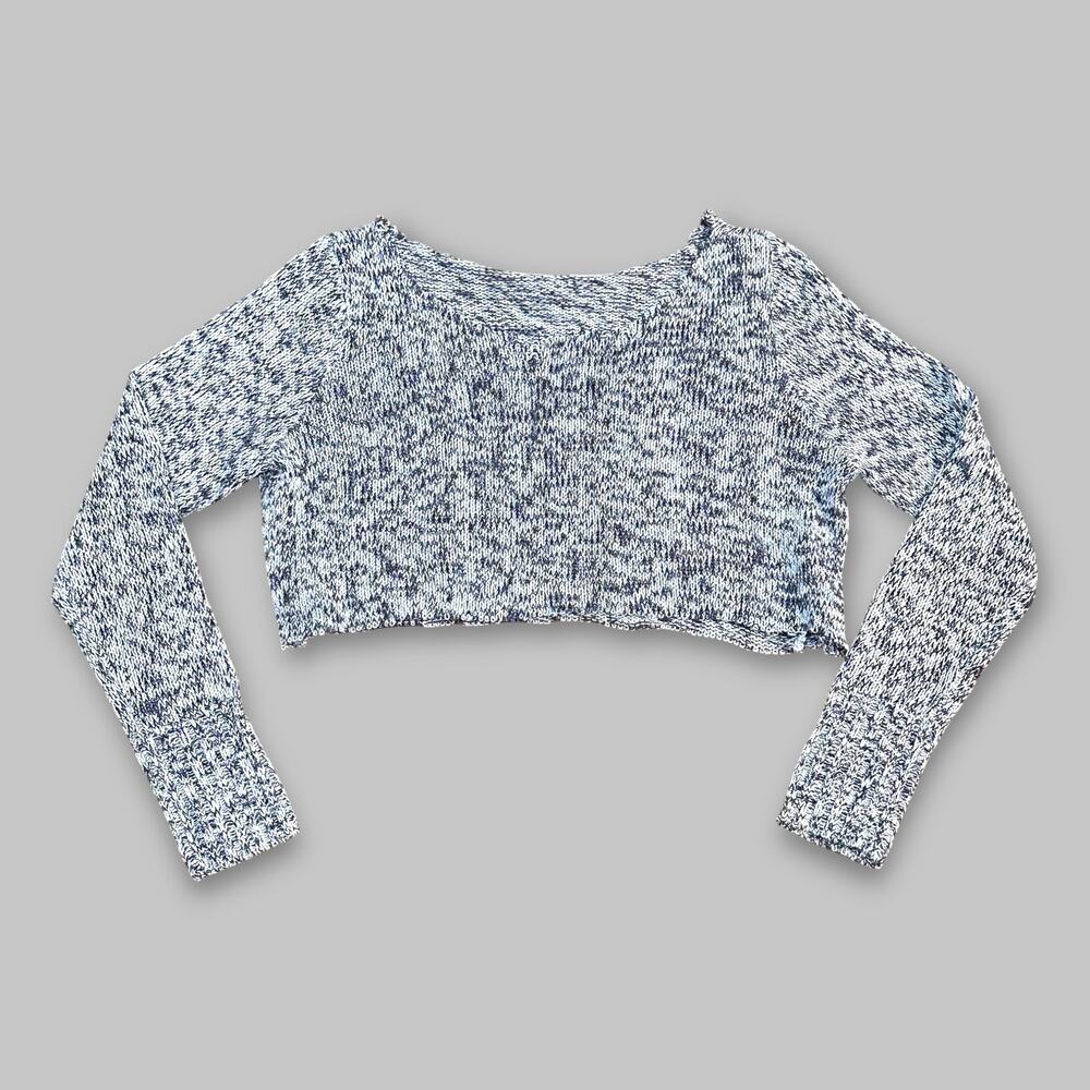 Women’s Marled Knit Cropped Long Sleeve Sweater – Blue & White